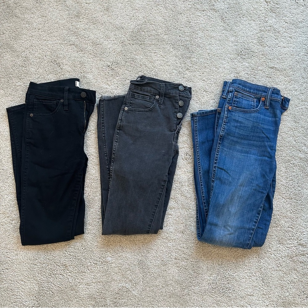 3 Pairs! Madewell 10” High-Rise Skinny Jeans, size 25, black, gray, blue